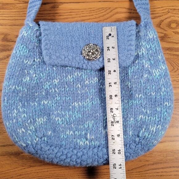 Handmade Felted Wool Shoulder Bag Blue Knit Purse Cotton Lined with Pockets Boho - Picture 10 of 15